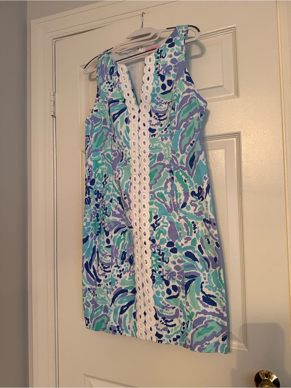 Lilly Pulitzer Blue, Aqua & Lavender Sleeveless Shift Dress with White Trim